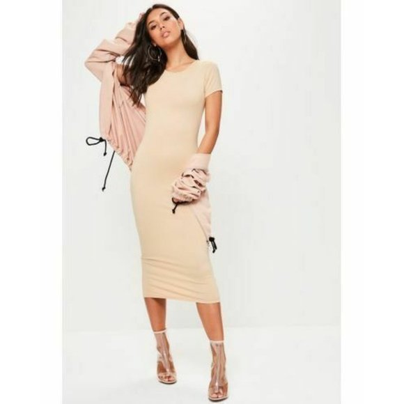 Missguided Dresses & Skirts - Missguided Nude Short Sleeve Midi Dress Sz 8 Soft Stretch Casual Fashion Fitted